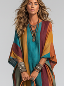 Women's Casual Vacation-Style Loose Fit, Short Sleeves, V-Neck, And Contrast Color Design Cotton-Linen Maxi Dress ZMZ1172E6ZYY