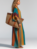 Women's Casual Vacation-Style Loose Fit, Short Sleeves, V-Neck, And Contrast Color Design Cotton-Linen Maxi Dress ZMZ1172E6ZYY