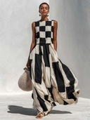 Women's Casual & Stylish Cotton-Linen Blend With Plaid And Stripe Paneling Sleeveless Maxi Dress ZMZ1139E4ZYY