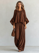 Women's Retro-Style Brown Outfit Set: 3/4-Sleeve Top And Elastic-Waist Pants ZMZ1240E1SWL