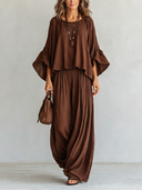 Women's Retro-Style Brown Outfit Set: 3/4-Sleeve Top And Elastic-Waist Pants ZMZ1240E1SWL