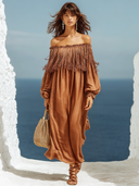 Women's Retro Casual Cotton Linen Tassel Patchwork Off-Shoulder Short-Sleeve Midi Dress ZMZ1216E8ZJY