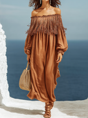 Women's Retro Casual Cotton Linen Tassel Patchwork Off-Shoulder Short-Sleeve Midi Dress ZMZ1216E8ZJY