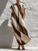 Women's Premium Minimalist Cotton-Linen Striped Print Round-Neck Short Sleeve Maxi Dress ZMZ1296E7ZYY