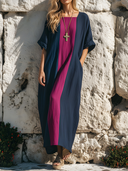 Women's Premium Minimalist Contrast-Paneling, Square-Round Neckline, And Short Sleeves Cotton-Linen Maxi Dress ZMZ1242E0ZYY
