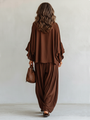 Women's Retro-Style Brown Outfit Set: 3/4-Sleeve Top And Elastic-Waist Pants ZMZ1240E1SWL