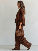 Women's Retro-Style Brown Outfit Set: 3/4-Sleeve Top And Elastic-Waist Pants ZMZ1240E1SWL