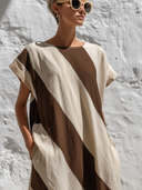 Women's Premium Minimalist Cotton-Linen Striped Print Round-Neck Short Sleeve Maxi Dress ZMZ1296E7ZYY