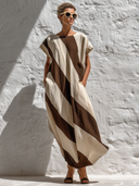 Women's Premium Minimalist Cotton-Linen Striped Print Round-Neck Short Sleeve Maxi Dress ZMZ1296E7ZYY