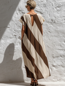 Women's Premium Minimalist Cotton-Linen Striped Print Round-Neck Short Sleeve Maxi Dress ZMZ1296E7ZYY