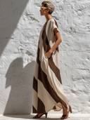 Women's Premium Minimalist Cotton-Linen Striped Print Round-Neck Short Sleeve Maxi Dress ZMZ1296E7ZYY
