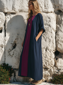 Women's Premium Minimalist Contrast-Paneling, Square-Round Neckline, And Short Sleeves Cotton-Linen Maxi Dress ZMZ1242E0ZYY