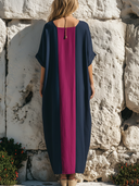 Women's Premium Minimalist Contrast-Paneling, Square-Round Neckline, And Short Sleeves Cotton-Linen Maxi Dress ZMZ1242E0ZYY