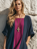 Women's Premium Minimalist Contrast-Paneling, Square-Round Neckline, And Short Sleeves Cotton-Linen Maxi Dress ZMZ1242E0ZYY
