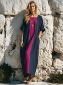 Women's Premium Minimalist Contrast-Paneling, Square-Round Neckline, And Short Sleeves Cotton-Linen Maxi Dress ZMZ1242E0ZYY