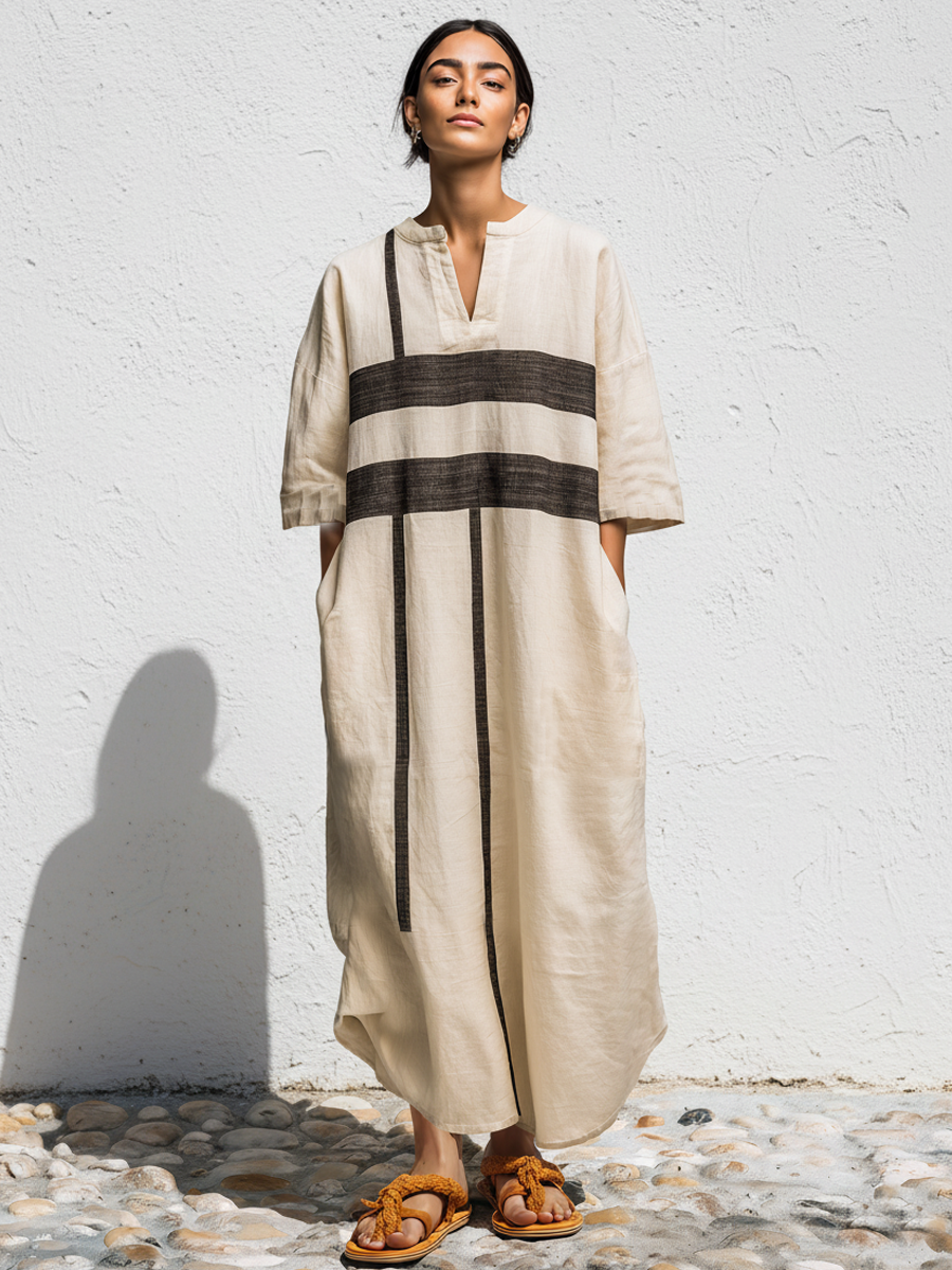Women's Casual Retro Cotton-Linen V-Neck Short-Sleeve Loose Maxi Dress –  Zemurea