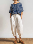 Women's Retro Casual Striped Print Short-Sleeve Top And Linen Pants Set ZMZ1301E7ZJY