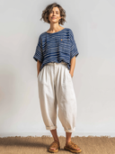 Women's Retro Casual Striped Print Short-Sleeve Top And Linen Pants Set ZMZ1301E7ZJY