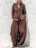 Women's Retro Casual Cotton Linen Long-Sleeved Top And Pants Set ZMZ1310E2ZJY