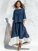 Women's Retro Casual Cotton Linen Color Block Short-Sleeve Top And Skirt Set ZMZ1396E9ZJY
