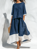 Women's Retro Casual Cotton Linen Color Block Short-Sleeve Top And Skirt Set ZMZ1396E9ZJY