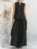 Women's Retro Casual Cotton Linen Stand Collar Sleeveless Top And Skirt Set ZMZ1380E0ZJY
