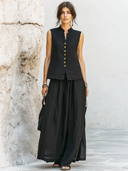 Women's Retro Casual Cotton Linen Stand Collar Sleeveless Top And Skirt Set ZMZ1380E0ZJY