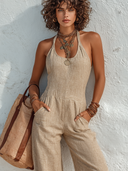 Women's Solid-Color Cotton-Linen Casual Halter Jumpsuit ZMZ1395E2XT