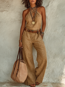 Women's Cotton-Linen Halter-Neck Casual Jumpsuit (Belt Not Included) ZMZ1359E6XT
