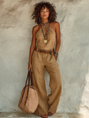 Women's Cotton-Linen Halter-Neck Casual Jumpsuit (Belt Not Included) ZMZ1359E6XT