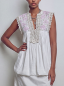 Women's Minimalist Elegant Style Linen-Cotton Blend Floral Embroidered Lace Trim Sleeveless Top ZMZ1340E2YZH