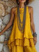 Women's Casual Solid Color Cotton Linen Vest And Trousers Two-Piece Set ZMZ1297E2XT