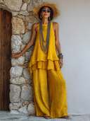 Women's Casual Solid Color Cotton Linen Vest And Trousers Two-Piece Set ZMZ1297E2XT