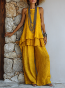 Women's Casual Solid Color Cotton Linen Vest And Trousers Two-Piece Set ZMZ1297E2XT