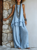 Women's Casual Solid Color Cotton Linen Vest And Trousers Two-Piece Set ZMZ1297E2XT