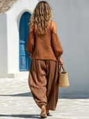 Women's Urban-Style Outfit: Brown Strappy Off-Shoulder Top And Striped Wide-Leg Pants Set ZMZ1365E1SWL