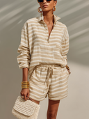 Women's Casual Vacation Style Linen-Cotton Blend Striped Shirt & Shorts Two-Piece Set ZMZ1393E8YZH