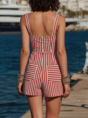 Women's Casual Vacation Style Red & White Striped Sleeveless Romper ZMZ1311E9YZH