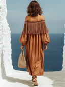 Women's Retro Casual Cotton Linen Tassel Patchwork Off-Shoulder Short-Sleeve Midi Dress ZMZ1216E8ZJY
