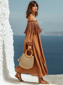 Women's Retro Casual Cotton Linen Tassel Patchwork Off-Shoulder Short-Sleeve Midi Dress ZMZ1216E8ZJY