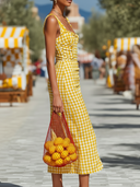 Women's Casual Vacation Style Yellow Gingham Ruched Lightweight Cotton-blend Midi Dress ZMZ1348E8YZH