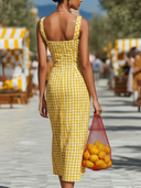 Women's Casual Vacation Style Yellow Gingham Ruched Lightweight Cotton-blend Midi Dress ZMZ1348E8YZH