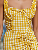 Women's Casual Vacation Style Yellow Gingham Ruched Lightweight Cotton-blend Midi Dress ZMZ1348E8YZH