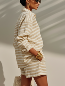 Women's Casual Vacation Style Linen-Cotton Blend Striped Shirt & Shorts Two-Piece Set ZMZ1393E8YZH