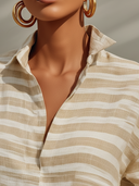 Women's Casual Vacation Style Linen-Cotton Blend Striped Shirt & Shorts Two-Piece Set ZMZ1393E8YZH