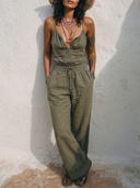 Women's Casual Vacation Style Linen-Cotton Blend Zip-Front Jumpsuit ZMZ1440E5YZH