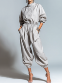 Women's Retro Casual Solid Color Simple High Neck Long Sleeve Jumpsuit ZMZ1444E7ZJY