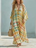Women's Classic Loose-Fit Color-Block Plaid Long-Sleeve Button-Front Maxi Dress ZMZ1460E0SWL