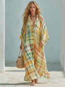 Women's Classic Loose-Fit Color-Block Plaid Long-Sleeve Button-Front Maxi Dress ZMZ1460E0SWL
