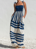 Women's Casual Resort-Style Navy & White Striped, Smocked Bodice, Spaghetti Straps Cotton Maxi Sundress ZMZ1482E7ZYY